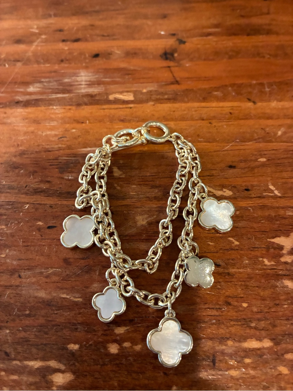 Gold-Tone Mother-of-Pearl Clover Charm Bracelet - White